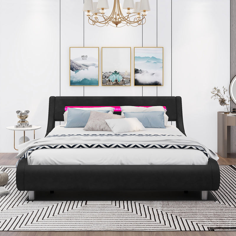 Queen Size Low Profile Upholstered Platform Bed with LED headboard,Black