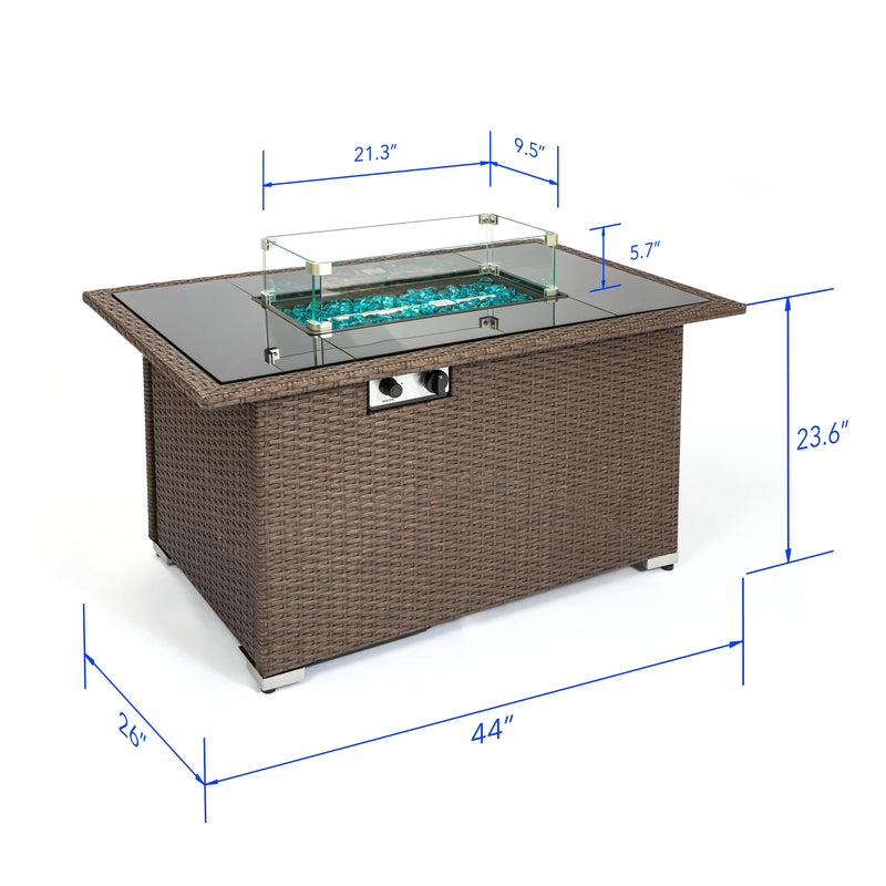 Outdoor 44" Propane Fire pit  Table  Rectangle  50,000 BTU with  8mm Tempered Glass Tabletop & Blue Stone& Steel table lid &Table waterproof dusty Cover ,ETL Certification (Brown)