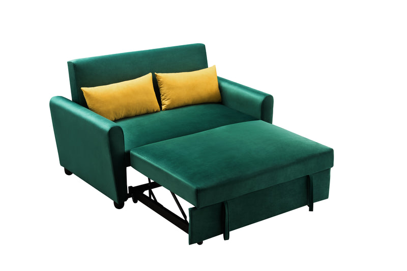 [VIDEO provided]55" Modern Velvet Sofa with Pull-Out Sleeper Bed with 2 Pillows Adjustable Backrest for Small Spaces Green