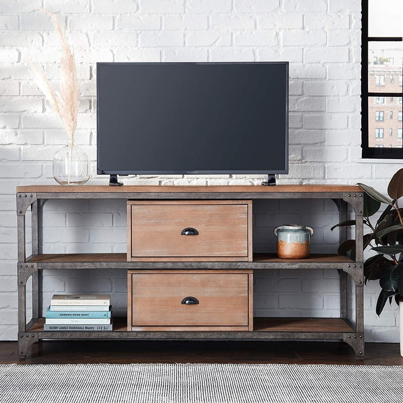 ACME Gorden TV Stand in Weathered Oak & Antique Silver 91504 - Atlantic Fine Furniture Inc