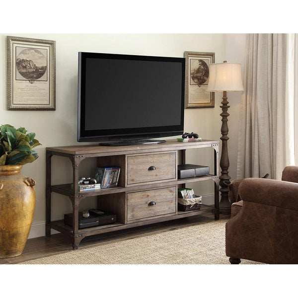 ACME Gorden TV Stand in Weathered Oak & Antique Silver 91504 - Atlantic Fine Furniture Inc