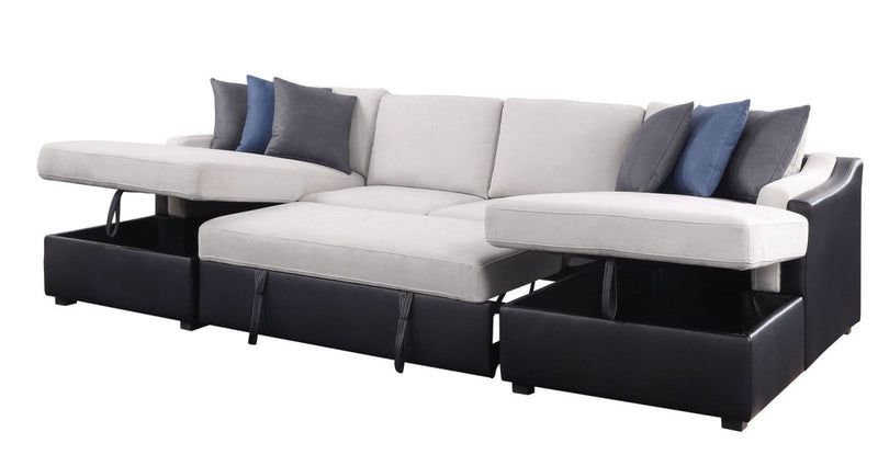 ACME Merill Sectional Sofa w/Sleeper , Beige Fabric & Black PU 56015 - Atlantic Fine Furniture Inc