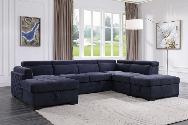 ACME Nekoda Storage Sleeper Sectional Sofa and Ottoman, Navy Blue Fabric 55520 - Atlantic Fine Furniture Inc