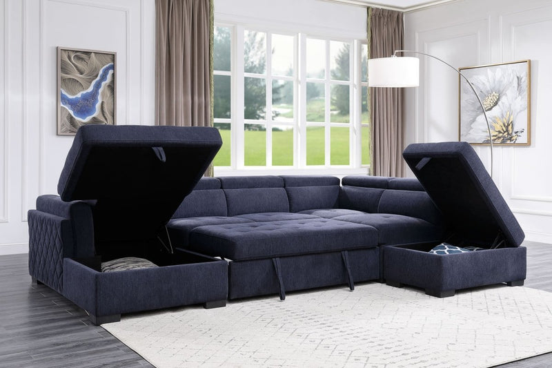 ACME Nekoda Storage Sleeper Sectional Sofa and Ottoman, Navy Blue Fabric 55520 - Atlantic Fine Furniture Inc