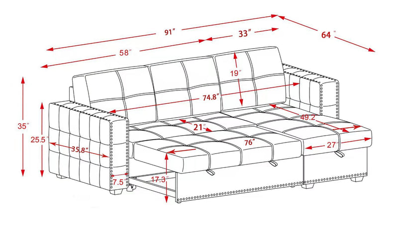 Reversible Sleeper Sectional Storage Sofa Bed,Corner Sofa-Bed With Storage,3 Seat Both Left Handed And Right Handed, Nailheaded