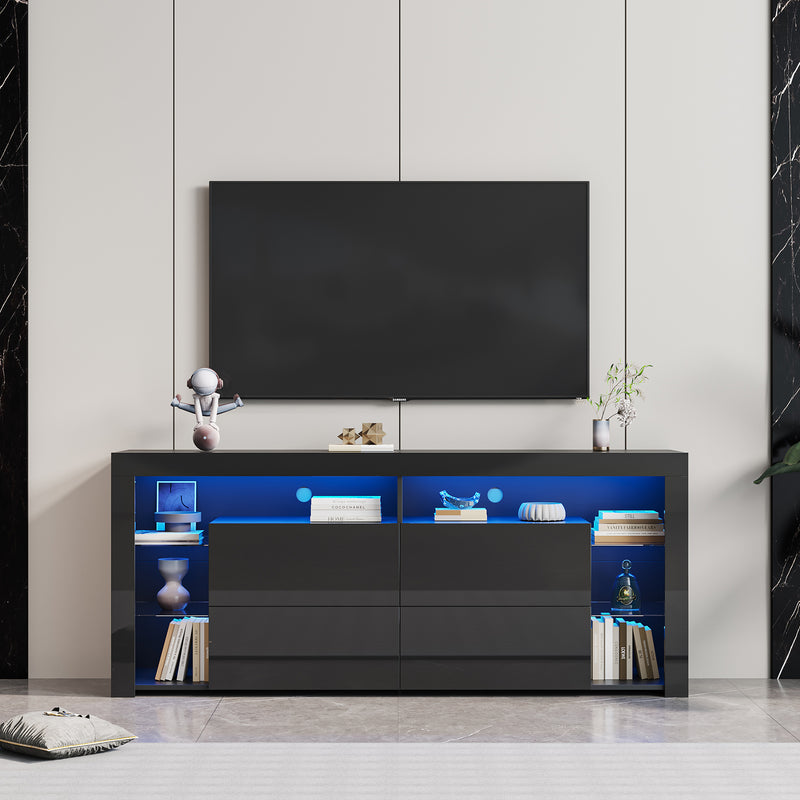 Black Modern contracted LED TV Cabinet with Storage Drawers，4 Storage Cabinet with Open Shelves for Living Room Bedroom