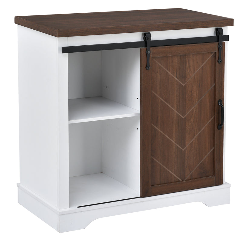 Bathroom Storage Cabinet, Freestanding Accent Cabinet, Sliding Barn Door, Thick Top, Adjustable Shelf, White and Brown