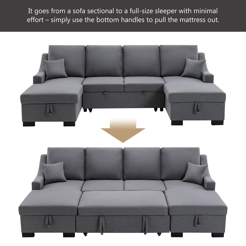 U_STYLE Upholstery Sleeper Sectional Sofa with Double Storage Spaces, 2 Tossing Cushions, Grey