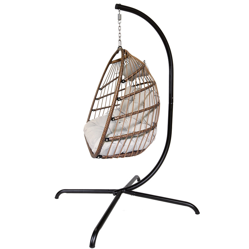 Swing Egg Chair with Stand Indoor Outdoor Wicker Rattan Patio Basket Hanging Chair with C Type bracket , with cushion and pillow,Patio Wicker folding Hanging Chair