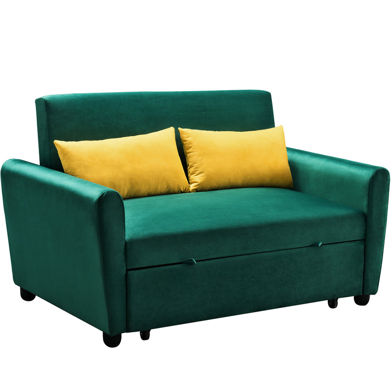 [VIDEO provided]55" Modern Velvet Sofa with Pull-Out Sleeper Bed with 2 Pillows Adjustable Backrest for Small Spaces Green