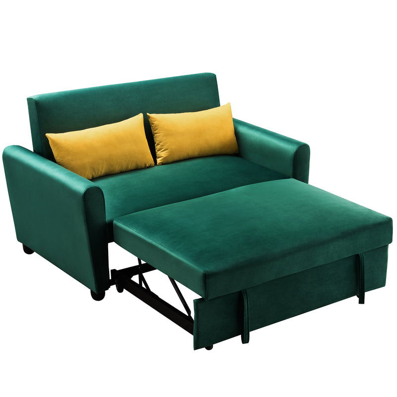 [VIDEO provided]55" Modern Velvet Sofa with Pull-Out Sleeper Bed with 2 Pillows Adjustable Backrest for Small Spaces Green