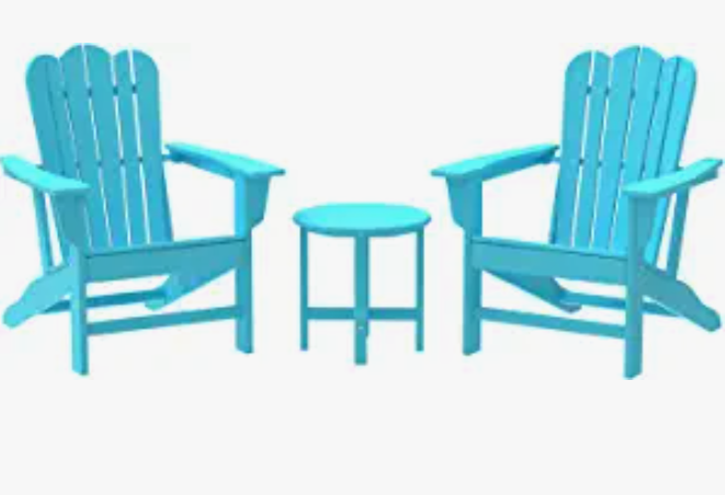 Combo for Family: 2 Plastic Adirondack Chairs & an Outdoor Side Table.  Outdoor Adirondack Chair Patio Lounge Chairs Classic Design (Blue)