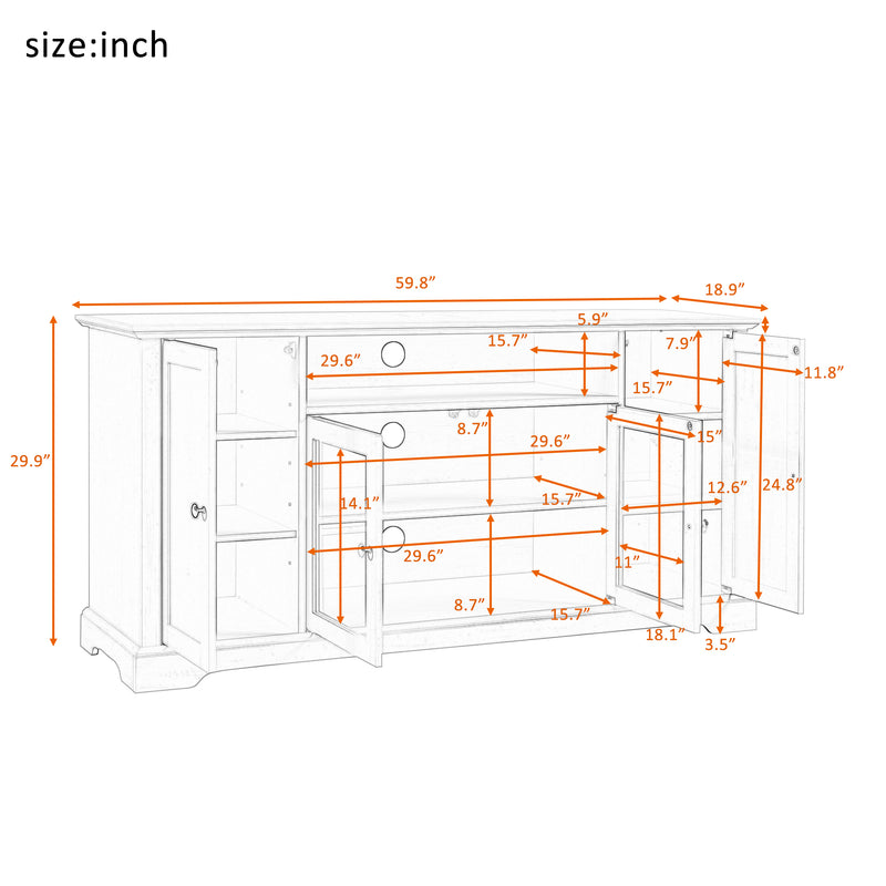 U-Can TV Stand for TV up to 65in with 2 Tempered Glass Doors Adjustable Panels Open Style Cabinet, Sideboard for Living room, White