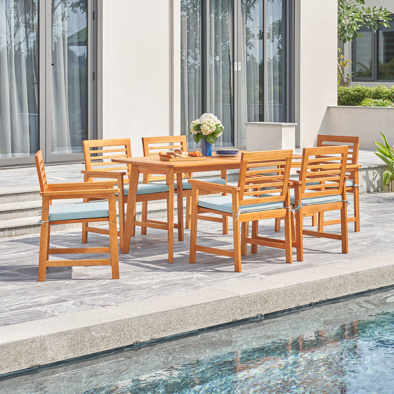 Waimea Honey 7-Piece Slatted Eucalyptus Wood Patio Dining Set with Cushion