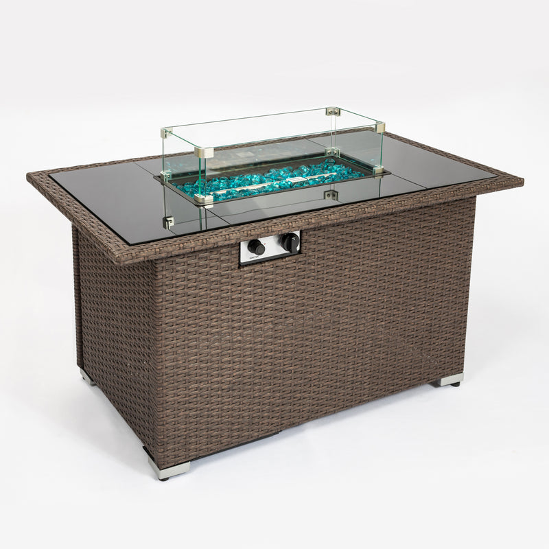 Outdoor 44" Propane Fire pit  Table  Rectangle  50,000 BTU with  8mm Tempered Glass Tabletop & Blue Stone& Steel table lid &Table waterproof dusty Cover ,ETL Certification (Brown)