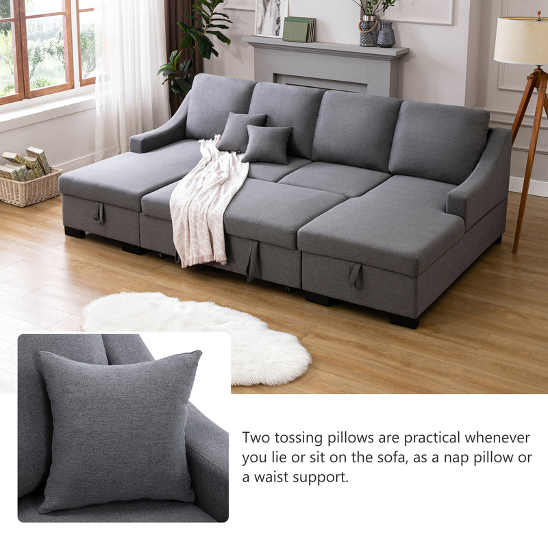 U_STYLE Upholstery Sleeper Sectional Sofa with Double Storage Spaces, 2 Tossing Cushions, Grey