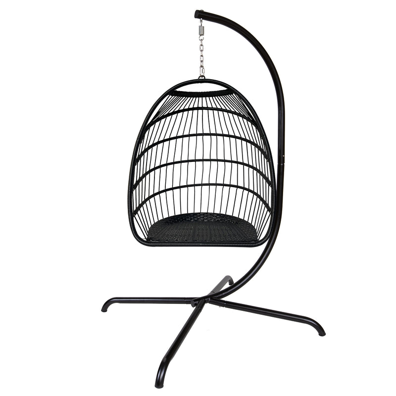 Swing Egg Chair with Stand Indoor Outdoor Wicker Rattan Patio Basket Hanging Chair with C Type bracket , with cushion and pillow,Patio Wicker folding Hanging Chair( Black New arrivals within 10 days)