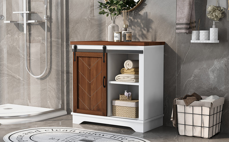 Bathroom Storage Cabinet, Freestanding Accent Cabinet, Sliding Barn Door, Thick Top, Adjustable Shelf, White and Brown