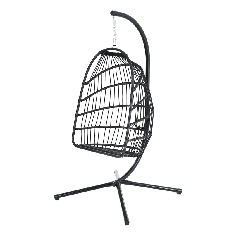 TOPMAX Patio Foldable Swing Chair Porch PE Wicker Egg Hanging Chair Hammock Chair w/Stand and Cushion for Outdoor Balcony Indoor Bedroom, Gray