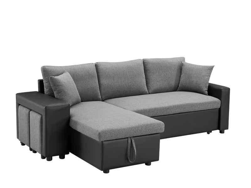 Artemax 92.5“Linen Reversible Sleeper Sectional Sofa with storage and 2 stools Steel Gray