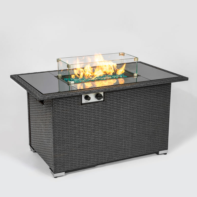 Outdoor 44" Gas Propane Fire pit  Table  Rectangle  50,000 BTU with  8mm Tempered Glass Tabletop & Blue Stone& Steel table lid &Table waterproof dusty Cover ,ETL Certification (Grey)