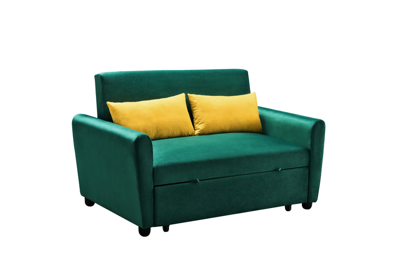 [VIDEO provided]55" Modern Velvet Sofa with Pull-Out Sleeper Bed with 2 Pillows Adjustable Backrest for Small Spaces Green