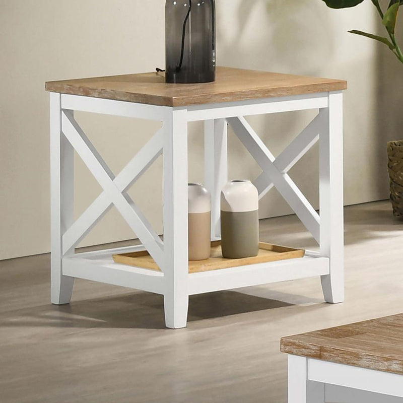 Hollis - Square Wood End Table With Shelf - Brown And White