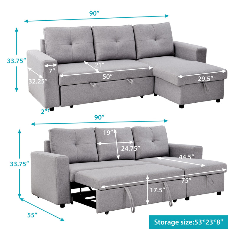 [VIDEO] 90" Reversible Pull out Sleeper L-Shaped Sectional Storage Sofa Bed,Corner sofa-bed with Storage Chaise Left/Right Handed