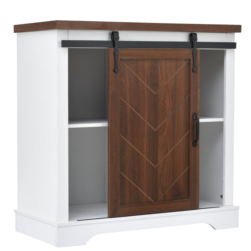 Bathroom Storage Cabinet, Freestanding Accent Cabinet, Sliding Barn Door, Thick Top, Adjustable Shelf, White and Brown