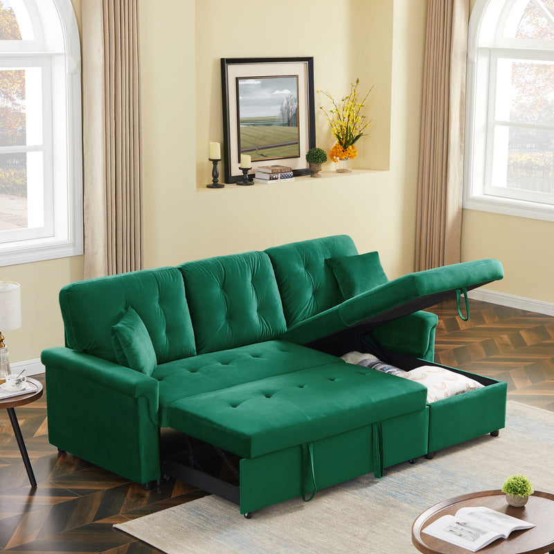 Velvet Reversible Sectional Sofa with Pull Out sleeper, L-Shaped Couch Chaise with Storage For Living Room & Apartment