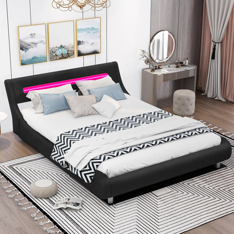 Queen Size Low Profile Upholstered Platform Bed with LED headboard,Black